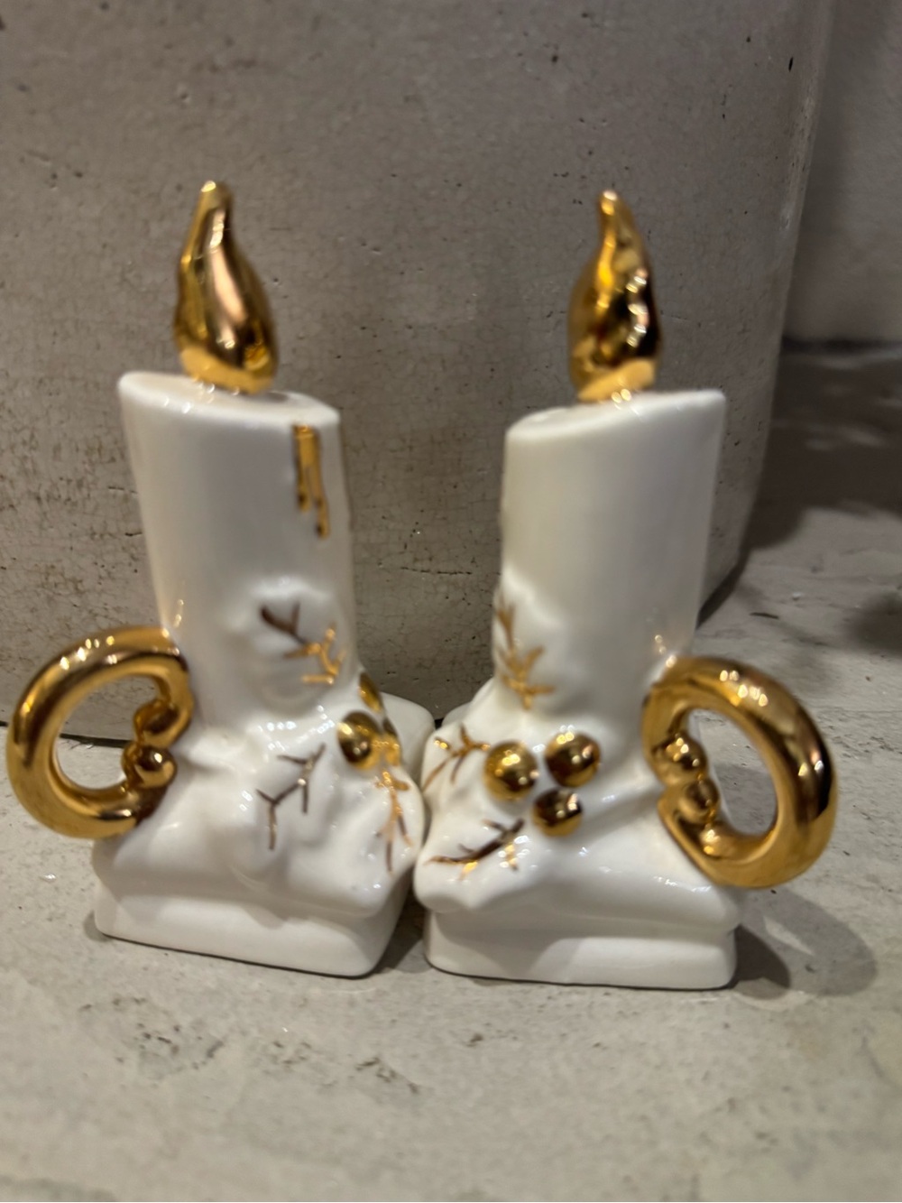 Vintage 1950‘s Christmas Candle Salt & Pepper Shakers Gold & White Ceramic